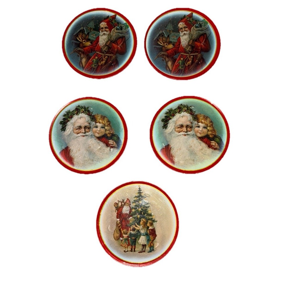 Vintage Santa Claus Coasters Tin‎ Cork Back Red 3.5" Set Of 5 Jasco Hong Kong